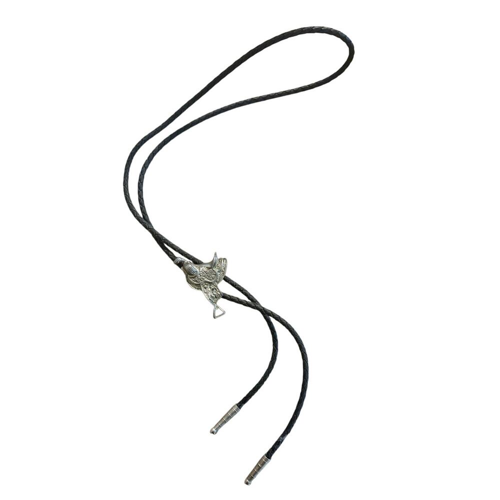 Vintage Western Bolo Tie Black Braided Cord Silver Saddle Cowboy Rodeo EUC